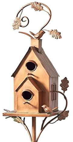 Tianbi Mangiatoia per uccelli in metallo con palo, in metallo Art Cottage Bird House, casa per colibrì, decorazione da giardino in metallo invecchiato per cortile, cortile