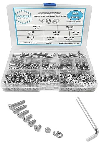 NOLDAR | Assortimento di Viti a testa svasata piana cava esagonale, dadi esagonali e rondelle. Set bulloni in acciaio inox da 360 pezzi. Viti M5. Lunghezze da 10mm a 30mm