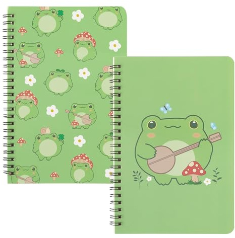 L1rabe 2 A5 Frog Spiral Notebooks Back to School Cute Frog Green College Ruled Hardbound Notebooks Exercise Book Diary Notepad Travel Journal for Kids Teens Students Girls Birthday Gift