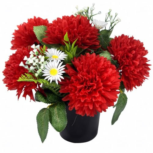 Caliko 25cm Artificial Flower Pots for Graves | Grave Flowers Pots with Improved Design | Chrysanthemum Daisies Red Perfect for Memorial Funeral & Cemetery Decoration.