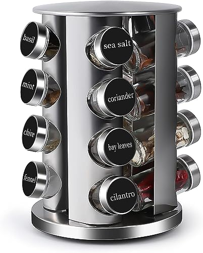 AMALO Rotating Spice Rack: Freestanding carousel with 16 glass jars. Thick and strong design, rotates 360° for easy access. Perfect for organized spice storage in your kitchen.