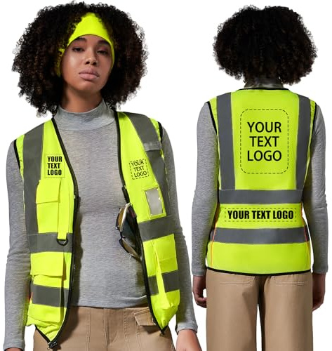 AYKRM Warnweste Damen - Personalisierbar mit Text oder Logo, Mehrere Taschen, Gelb, Sicherheitsweste Reflektorweste Fahrrad Damen, 5XL