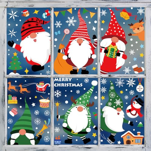Vetrofanie Natalizie per Finestre, Adesivi Finestra Natalizi Riutilizzabili Gnomi Natale Fiocco di Neve Stickers, Colorate Grandi PVC Decorazioni Wallpaper Murali per Vetrine Negozio Vetro Porte