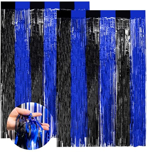 Party Streamers Backdrop, 2 Pcs 2 Colour Splicing Tinsel Foil Fringe Curtain, 3.3ft x 8.3ft Blue & Black Foil Curtain Backdrop for Birthday Wedding Holiday Party Halloween Door Curtain