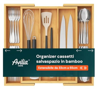 Avilia Porta Posate con 5 Scomparti Estensibile in Bambù - Organizer Cucina da Cassetto, Divisori per Cassetti Regolabili da 33 cm a 55 cm, Organizer Cassetti Salvaspazio, 43x5 cm