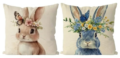 Coussin Exterieur Lapin Housse de Coussin Lot de 2 Pâques Coussins Canape Taie Oreiller 45x45 Doux Carré Décoratif Housse de Canapé Coussins d'extérieur pour Decoration Chambre,Canapé,Chaise T4-947