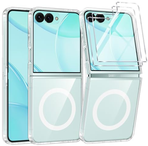Vauki klart mobiltelefonfodral för Samsung Galaxy Z Flip 7 fodral med 2 extern skyddsfilm glas, TPU transparent fodral med magsäker, militärt skydd, stötsäkert, magnetiskt skyddsfodral, tunt