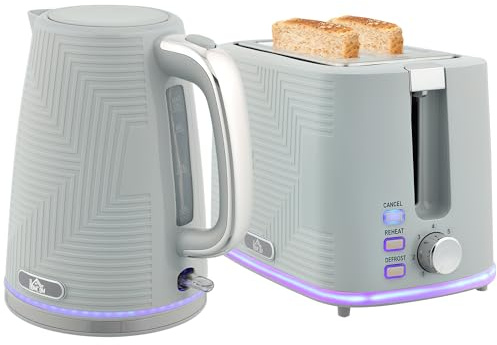 HOMCOM Kettle and Toaster Set, 1.7L 3000W Rapid Boil Jug Kettle with Otter Thermostat, Limescale Filter, 2 Slice Toaster with 7 Browning Controls, Crumb Tray, LED Strip, Grey