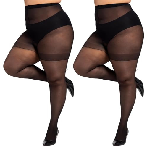 Mayoii 2PCS Plus Size Tights for Women 20D, Plus Size Tights 20-22, Ladies High Waist Control Top Pantyhose with Reinforced Toes (UK, Alpha, 5XL, 6XL, Regular, Regular, Black+Black)