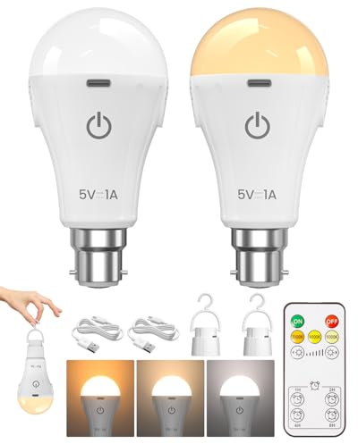 Bombilla recargable B22 con control remoto, 3 colores y regulable, luz de emergencia recargable por USB, batería de 2600 mAh de hasta 24 horas, no necesita cableado para cortes de energía, camping