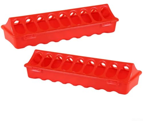 Comedero para pollos de plástico para aves de corral pequeñas, juego de 2 piezas con 18 agujeros de alimentación, 30 x 10 x 6,5 cm, color rojo, apto para pollos, codornices, patos y periquitos