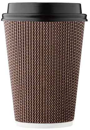 [100 SET]Harvest Pack 12 oz Disposable Coffee Cups, Insulated Ripple Double-Walled Paper Cup with Lids, Brown Geometric, Tea Hot Chocolate Drinks To go coffee cups