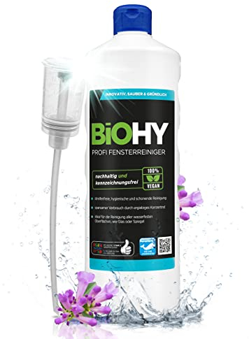 BiOHY Detergente per finestre professionale (Bottiglia da 1l) + Distributore | Detergente concentrato per vetri | adatto ai PULITORI A VUOTO PER VETRI | pulizia senza striature (Fensterreiniger)