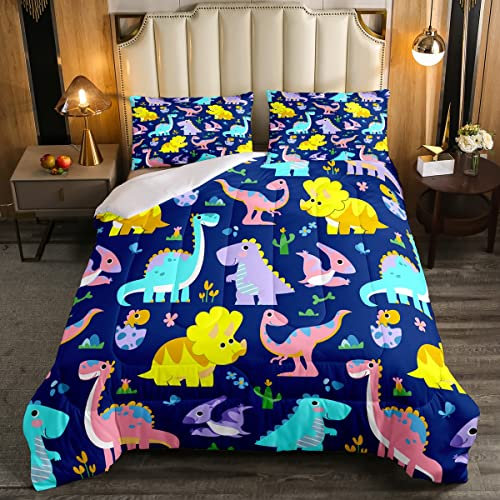 Loussiesd Dinosaur Duvet Set for Kids Toddler Cartoon Dino Bedding Set Colorful Animal Quilted Down Comforter Single Size