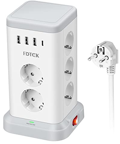 FDTEK Tour Multiprise avec 11 Prises (3680W/16A), 3 USB A & 1 USB C, Multiprise Tower Parafoudre et Surtension, Multiprise avec Interrupteur et Rallonge Electrique 2M Câble pour Bureau et Maison