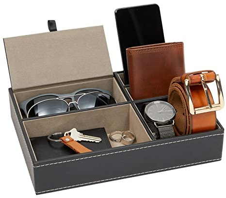 Bandeja de Valet para Hombre Cuero, Tocador Billetera Tarjetas Escritorio de Oficina, Almacenamiento de Joyas Mesita de Noche, Caja Organizadora Estuche para Llaves Teléfono Billetera Moneda Gris