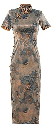 VRTTAA Chino Tradicional Qipao para Mujer - Temperamento Estilo Chino Tradicional Satén Cheongsam Primavera Verano Retro Elegante Estampado Floral Qipao Vestido Ropa,Gris,XL