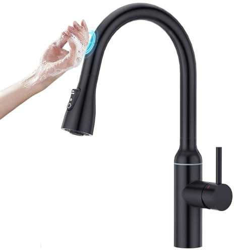 CREA Rubinetto da cucina con sensore Touch estraibile, rubinetto da cucina con doccetta a tre tipi di getto d'acqua, miscelatore monocomando ad alta pressione, girevole a 360°, in acciaio inox, nero