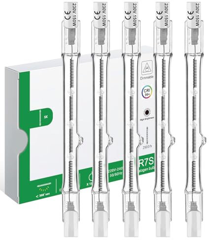 Jaenmsa R7s Halogen Light Bulbs, R7S Bulb 118mm 150W Dimmable, 230V 1500lm Tungsten Linear Light Bulb, 2700K Warm White Floodlight Bulb, J118 Security Light Bulb, ECO 118mm Halogen Bulbs 150W,5 Pack