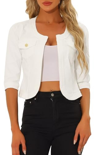 Allegra K Giacche di jeans corte da donna senza colletto con maniche a 3/4, bianco, M