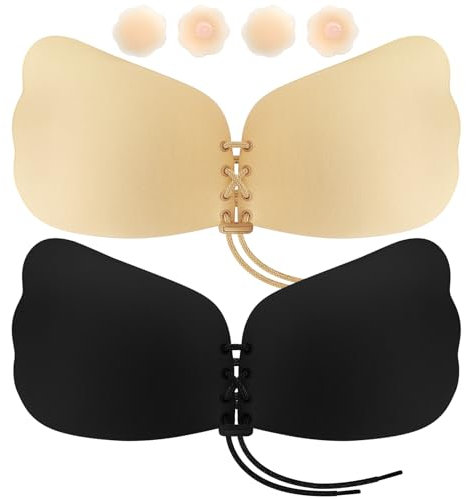 Obidodi 2 Pack Push up Bra Backless Bras for Women, Stick on Bra with 4 Nipple Pads and Drawstring, Reusable Breathable Strapless Bras Invisible Adhesive Bra for Party, Beach, Wedding (Beige&Black, D)