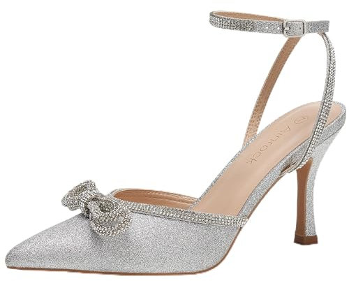 Ainrock Damen-Sandalen mit Strasssteinen, Schleife, glitzernd, Hochzeit, geschlossen, spitzer Zehenbereich, hoher sexy Satin, Stiletto, Knöchelriemen, Pumps mit Absatz, silber, 38 EU