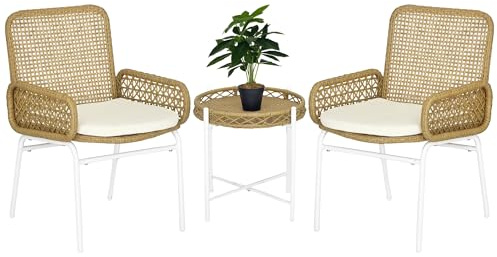 Outsunny Conjunto de Muebles de Jardín Juego de 3 Piezas Sillas y Mesa de Ratán con 2 Sillas 1 Mesa de Centro y Cojines para Terraza Patio Natural