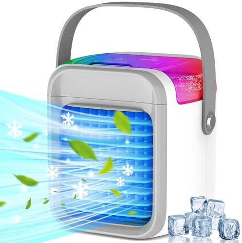 Portable Air Cooler, 7 Colours Mini Air Conditioner with 3 Air Speeds and USB Charging Port, 300ml 3-in-1 Air Cooler, Cordless Personal Air Cooler with Handle for Room, Office, and Travelling