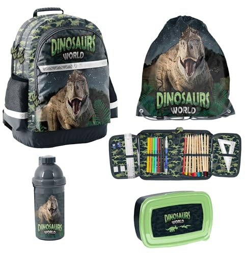 PASO 5-TEILIGES SCHULSET: Kinder Rucksack + Turnbeutel + BEFÜLLTE FEDERMAPPE + TRINKFLASCHE + BROTDOSE - Dinosaurier - Dinosaurs World
