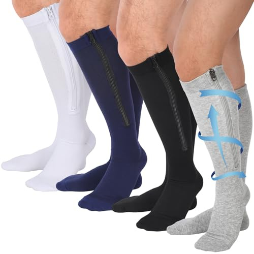 Tarpop 4 Pairs Men Zipper Compression Socks Colorful 20-30mmhg Compression Stockings with Zipper for Men Women Swelling Edema (2XL,Classic Color)