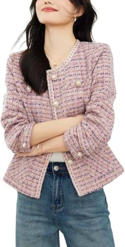Goolecrimp Giacca da Donna in Tweed Doppiopetto Giacca Casual in Tweed abbottonata Casual Giacca Elegante con Corsetto da Ufficio Senza Risvolto