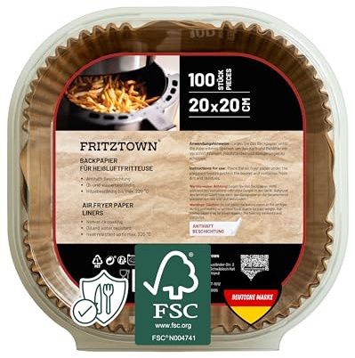 FRITZTOWN Backpapier für Heißluftfritteuse 4,5L-8L | Air Fryer Backpapier Pergamentpapier | 100 Blatt 20x20 cm Quadratisch | Kompatibel mit Ninja COSORI Philips Cecotec Midea Russell XL XXL Airfryer