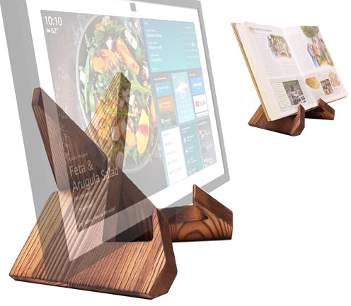 HOOKMEMO Solid Wood Tablet Computer Stands Compatible for Echo Show 15,Echo Show 21,Support Both Horizontal and Vertical Modes.and Suitable for Cookbook Stand Holder Display. (Dark Brown)