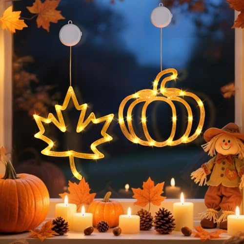 GZWY Herbstdeko Fensterlichter, Herbst Dekoration Kürbis Ahornblatt mit LED Licht,Halloween Deko Kürbis Fensterdeko mit Saugnapf, Herbstdeko Innen Lichterkette für Herbst Halloween (2er-Pack)