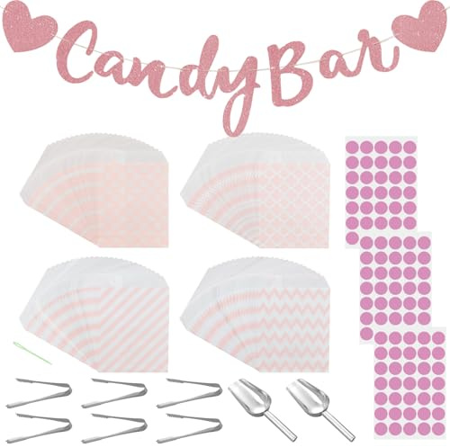 112 Pezzi Set di Accessori per Candy Bar,Contiene 100 Sacchetti di Caramelle, 3 adesivi,6 pinze per zucchero,2 Pale di Caramelle,1 Striscione Candy Bar Banner per matrimoni, compleanni