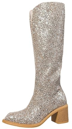 Botas altas hasta la rodilla para mujer, estilo británico, brillantes, puntiagudas, con tacón de bloque, para mujer, con lentejuelas brillantes, para boda, fiesta, invierno, otoño, zapatos brillantes
