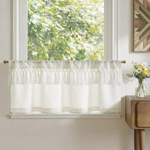 TOPICK Tenda da Cucina Piccola Tenda Corta, Design con Frange Filtrante della Luce, Bianco 90L x 45A (cm) 1 Pezzo con Passante per Asta, per Finestra, Armadio, Sotto Lavello, Camera da Letto