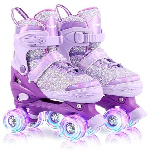 Vleox Kids Roller Skates for Girls Boys 4 Size Adjustable 8 Light Up Wheels Quad Skates for Ages 3-12 Toddler Beginners Indoor and Outdoor