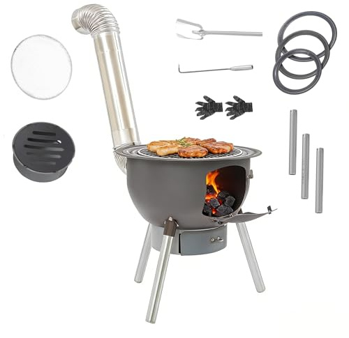 PERFERATE Hot Tent Stove, Wood Burning Stove Windproof Camping Wood Stoves with Chimney Pipe Rocket Stoves for Outdoor Cooking, Heating Portable Steel Tent Stoves with Grill Rack & 3 wok rings