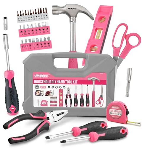 Hi-Spec Tool Kit, General Household Hand Tool Set with Toolbox Storage Case, All-in-One Compact Toolkit for DIY & Dorm Use, Pink