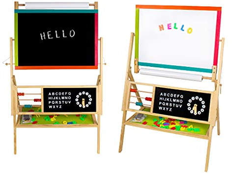 Calma Dragon W12B103 Pizarra Infantil 2 en 1, Pizarra Madera Niños y Niñas Caballete, Doble Cara, con Reloj y abecedario, con Rollo de Papel para Dibujar, Tizas, Rotuladores y Borrador… (Grande)