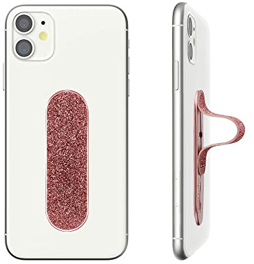 Momostick Flatstick, Cell Phone Finger Grip Strap Holder for Hand, Cell Phone Stand, New Slim Finger Loop Selfie Grip Compatible with Most Smartphones - Glitter Pink