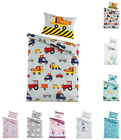 Kinder Baby Bettwäsche Set für Mädchen und Jungen | 100x135 cm + 40x60 cm | 100% Polyester Mikrofaser | Reißverschluss | Baustelle – Bagger und Autos | blau