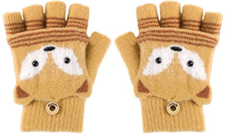 Mitaine Fille Garçon avec Capuchon Gants Enfant 3-8 ans Mitaine Enfant Mignon en Motif de Renard Moufles Demi-Doigt Tricoté Gants Chauds Hiver pour Enfants