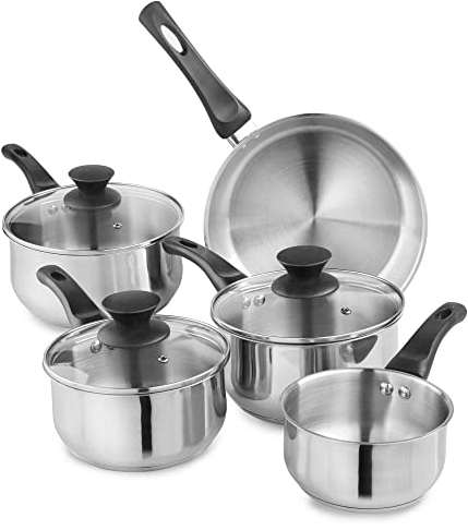 Lewis's Induction Frying Pan and Saucepan Set with Lids, Ergonomic Handles, Suitable for All Hob Types, Stainless Steel Pan Set, Silver (5 Pieces)