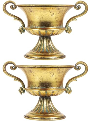 Amosfun 2pcs Vintage Urn Vase Brass Flower Pots Roman Style Trumpet Vases for Centerpieces Garden Patio Front Porch Decoration 9.2 x 6.3 Inch