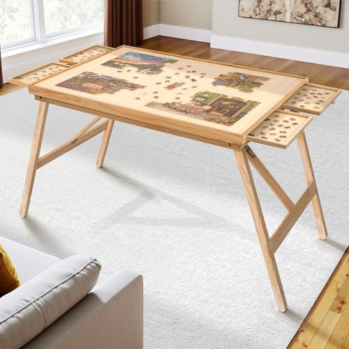 TEAKMAMA 27.6 H Tall 1500 Piece Puzzle Table with Legs, 4 Drawers, 34.3 W x 26.5 D Large Wood Folding Jigsaw Puzzle Board with Cover for Adults, Nature