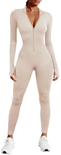 Voqeen Mono Deportivo Mujer Yoga Mono con Cremallera Manga Larga Traje Una Pieza Elásticos Ajustado Jumpsuit Fitness Body de Punto Acanalado Sexy Gimnasio Overol