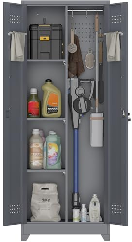 SAFEFEVER 65 H Metal Storage Cabinet,Broom Closet Storage Cabinet with Adjustable Shelves,Locking Steel Cabinets with Pegboard and Hanging Rod,Utility Closet for Brooms and Mops,Grey