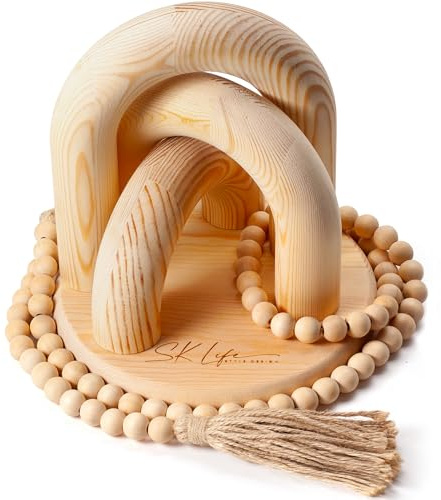 Conjunto de decoración de sala de estar moderna estilo boho de madera (set de 5 piezas), decoración para estante de libros, decoración para mesa de café hecha de madera natural, guirnalda de perlas